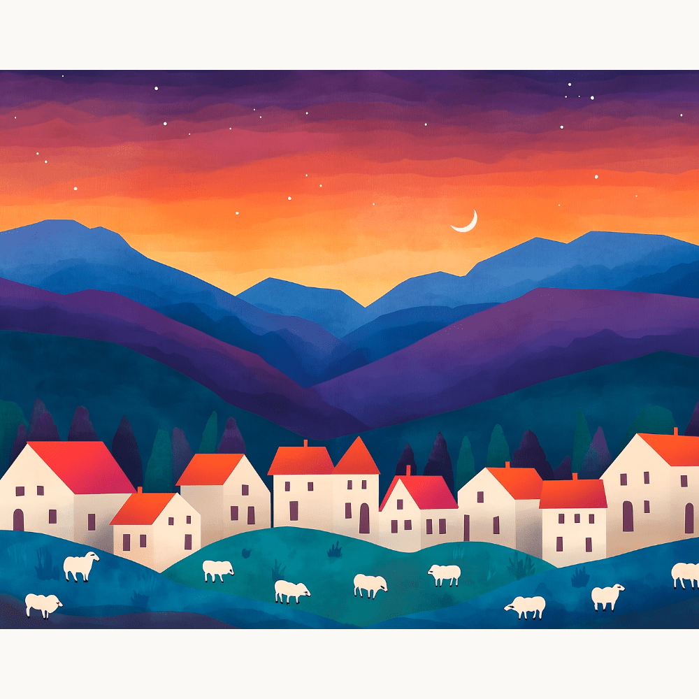 A vibrant digital illustration captures a serene rural scene at sunset.