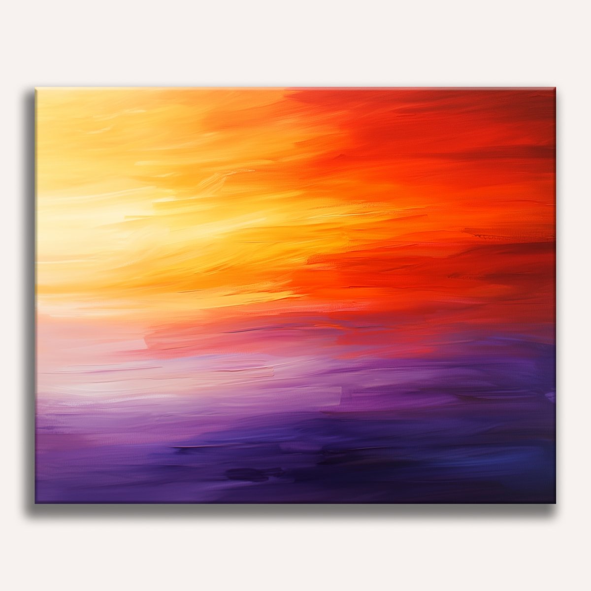 The image presents a vertical abstract painting with a vibrant blend of colors creating an ethereal sunset-like effect..