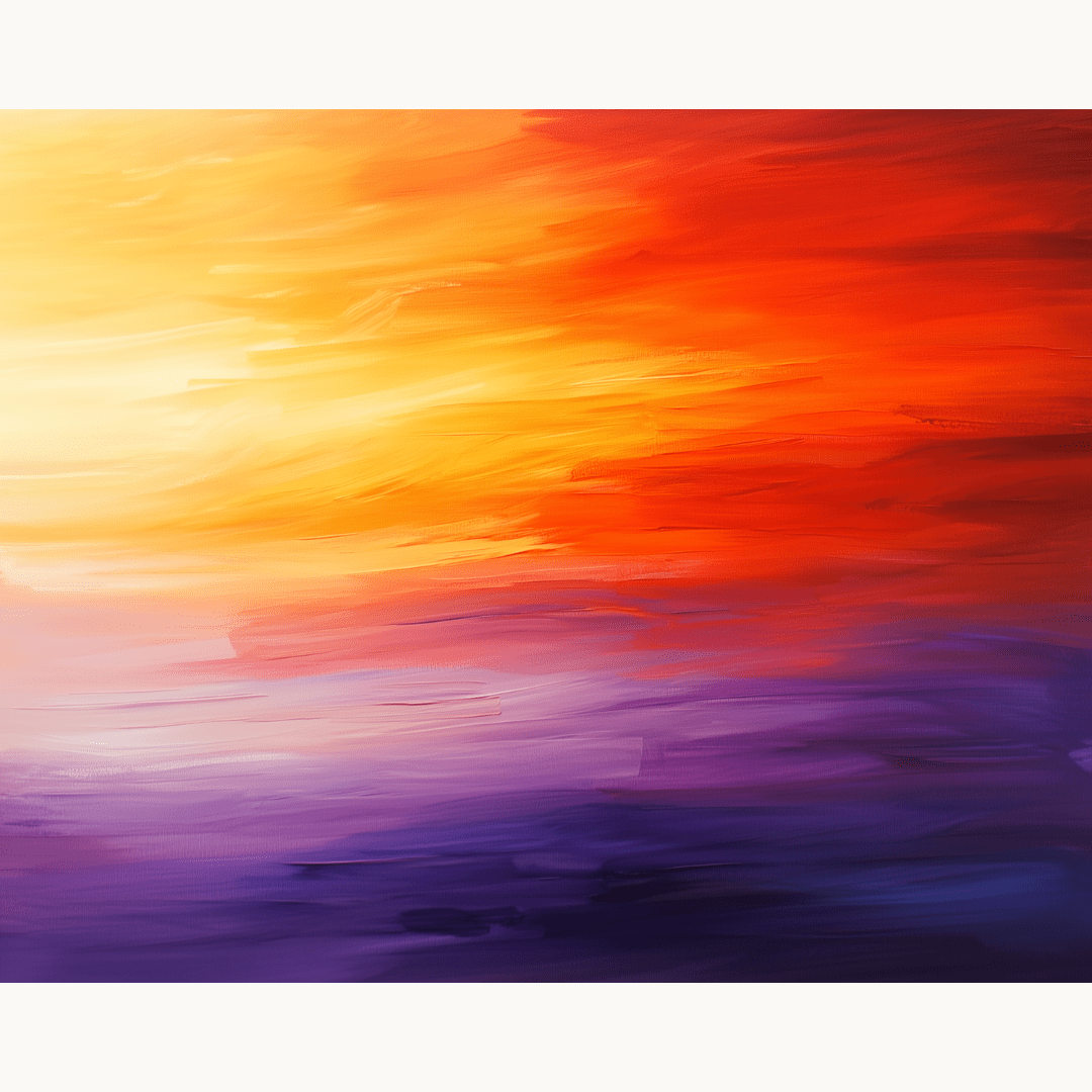 The image presents a vertical abstract painting with a vibrant blend of colors creating an ethereal sunset-like effect..