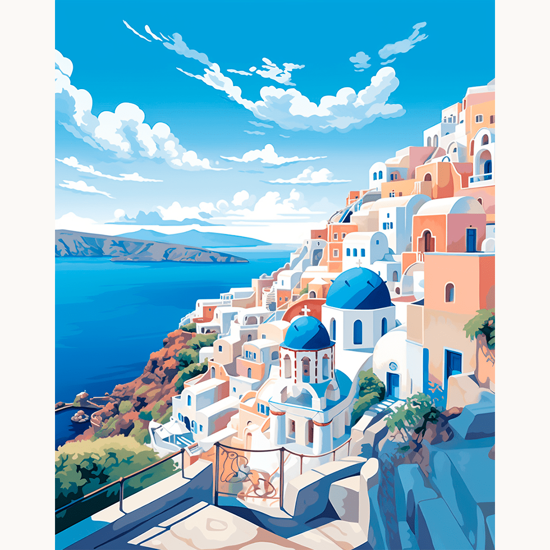 The image depicts a picturesque scene from Santorini, Greece.