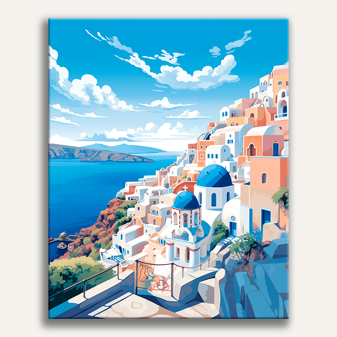 The image depicts a picturesque scene from Santorini, Greece.