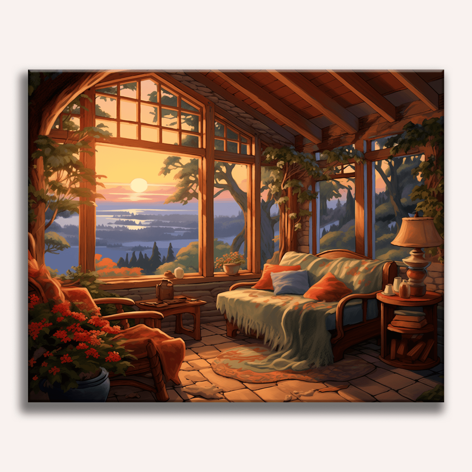 A cozy cabin interior at sunset, seen through a large window offering an expansive view of a tranquil lake and distant mountains under a clear sky..