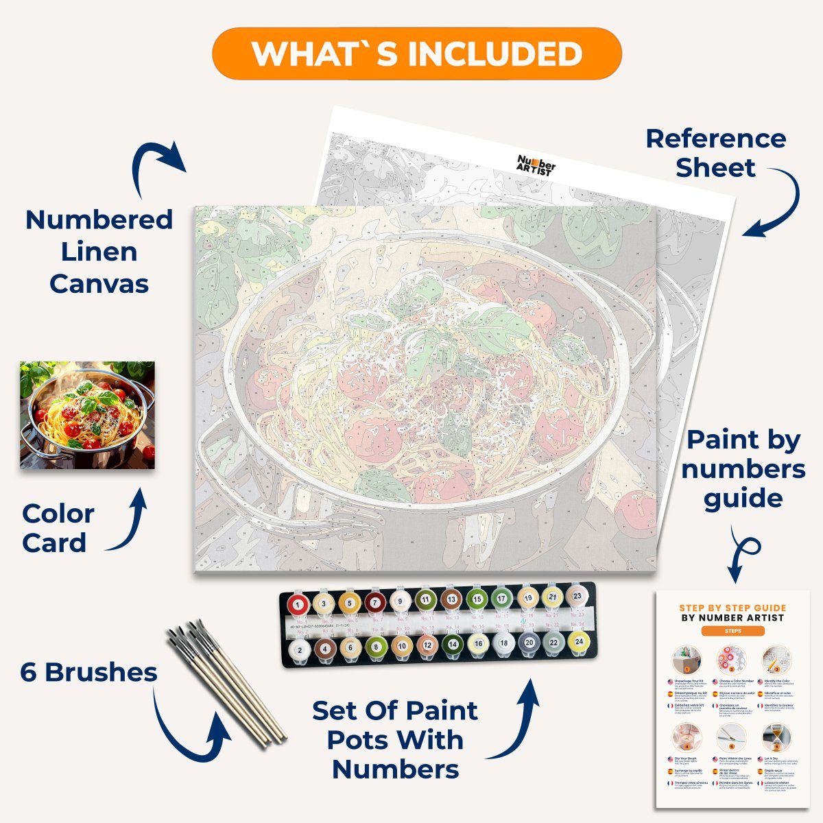 The image showcases a culinary scene featuring a large pot filled with cooked spaghetti, tomatoes, and basil leaves.