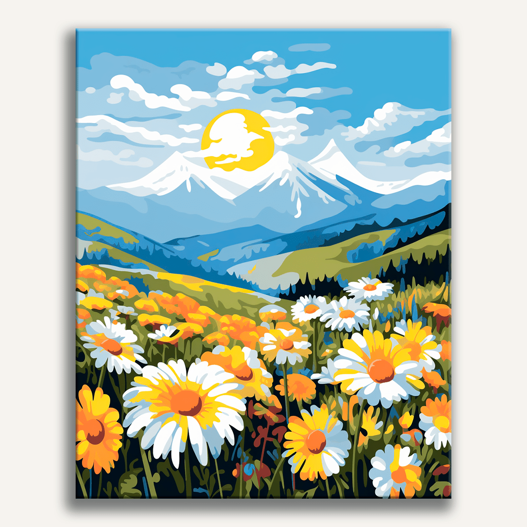 The image presents a tranquil scene set in a mountainous landscape.