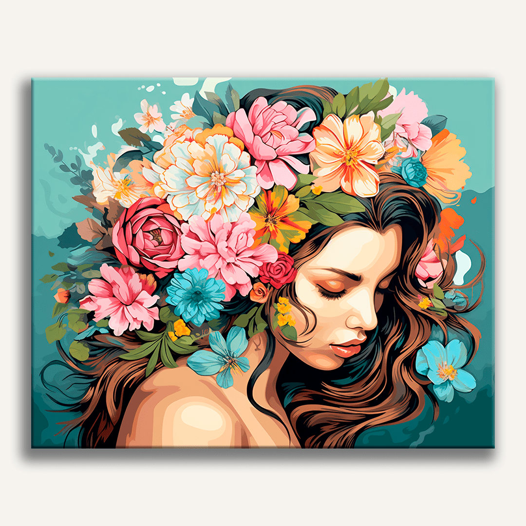 The image depicts a young woman with long hair, elegantly dressed, and holding flowers.