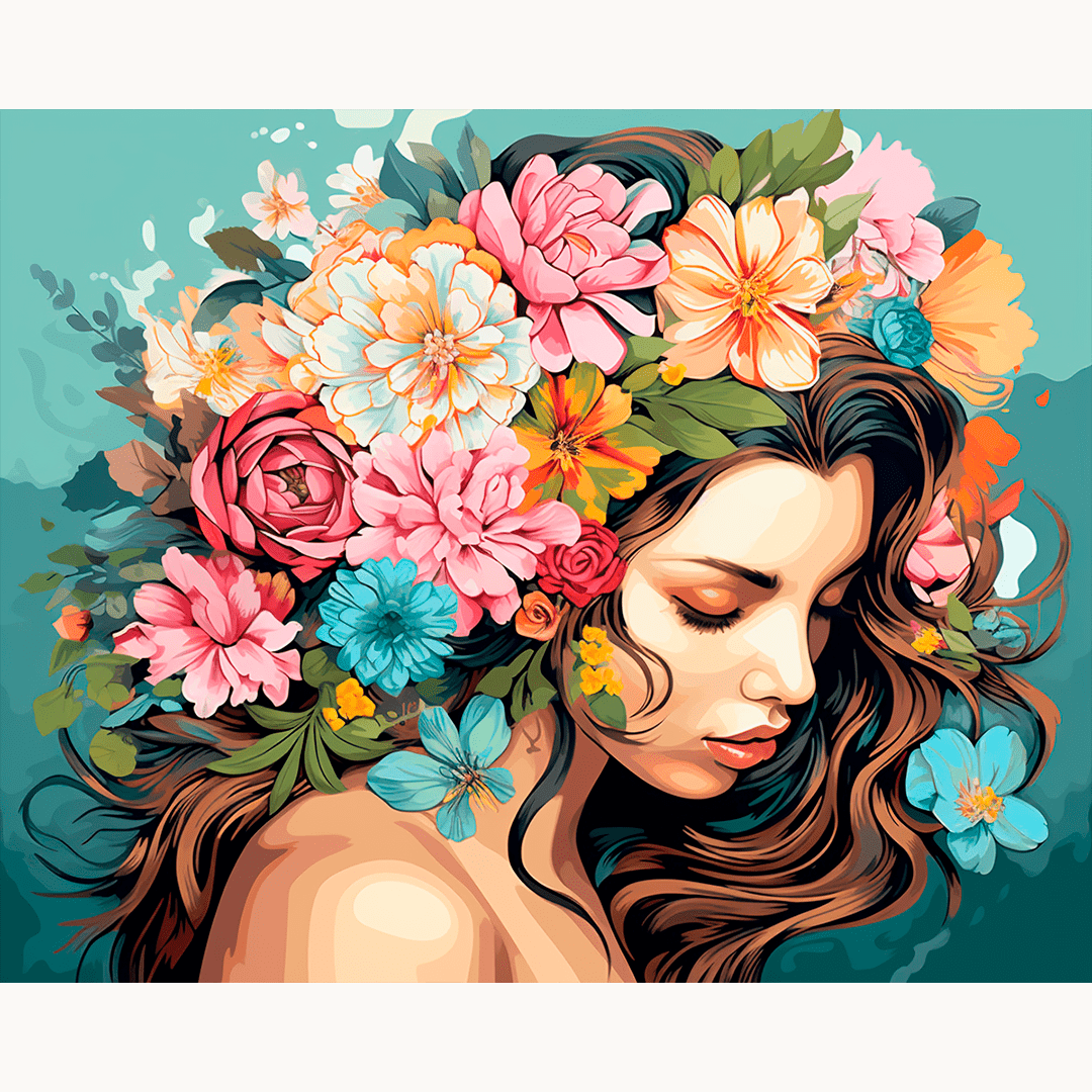 The image depicts a young woman with long hair, elegantly dressed, and holding flowers.