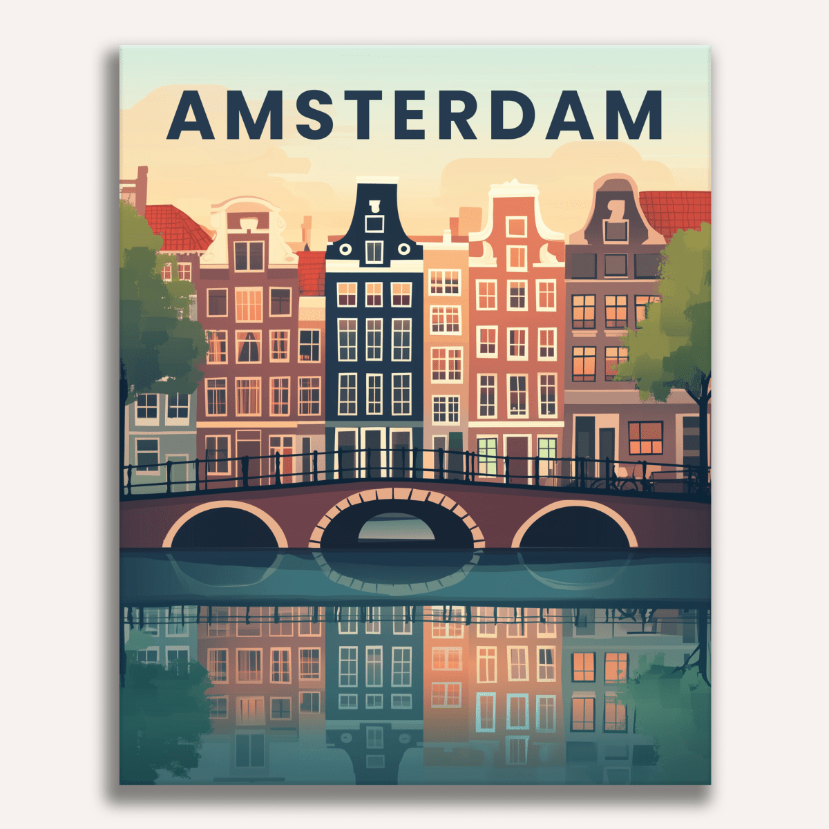 A stylized illustration of a postcard features an Amsterdam skyline at sunset.