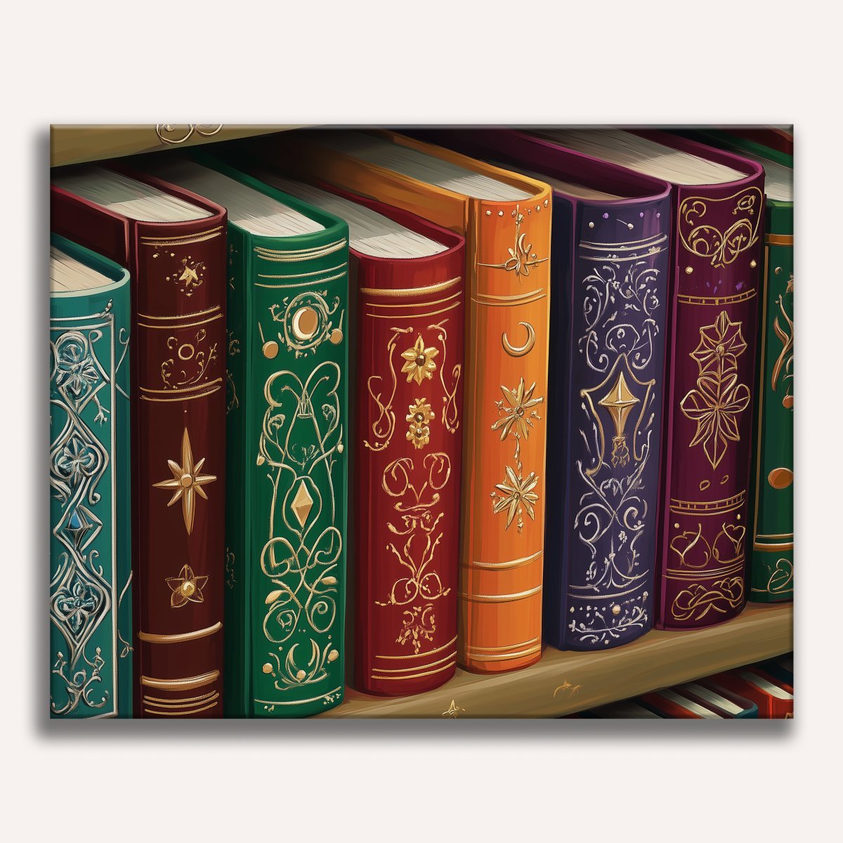 A collection of books, each with decorative gold and purple designs on their spines, arranged neatly on a wooden shelf, set against a beige wallpaper background..