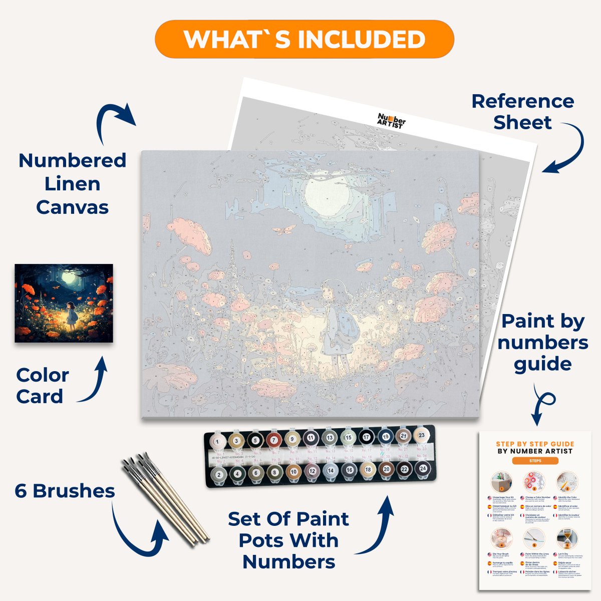 A young girl stands in a field of vibrant orange flowers, her small blue dress contrasting with the night sky.