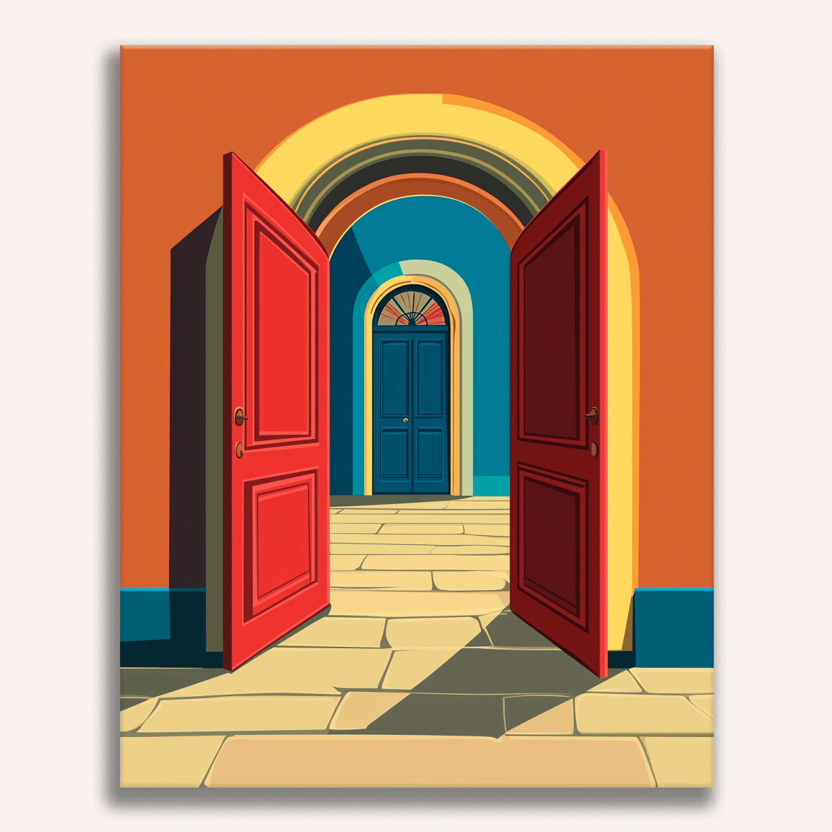 This is a digital artwork portraying an open doorway set against the backdrop of a hallway painted in vibrant hues.