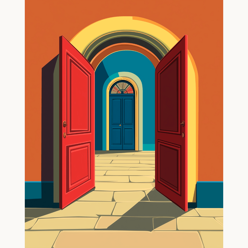 This is a digital artwork portraying an open doorway set against the backdrop of a hallway painted in vibrant hues.