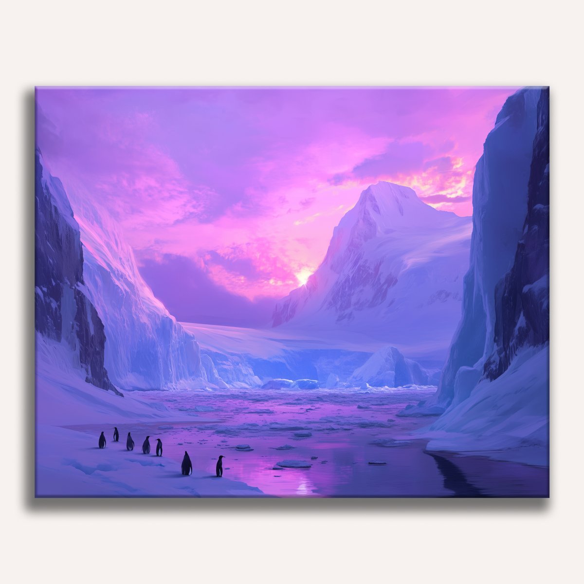 This is a digital art print depicting a breathtaking, icy landscape under a vibrant sunset.