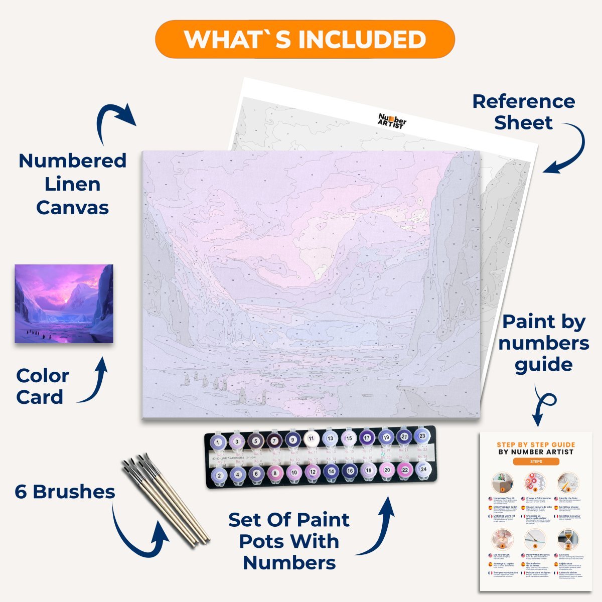 This is a digital art print depicting a breathtaking, icy landscape under a vibrant sunset.