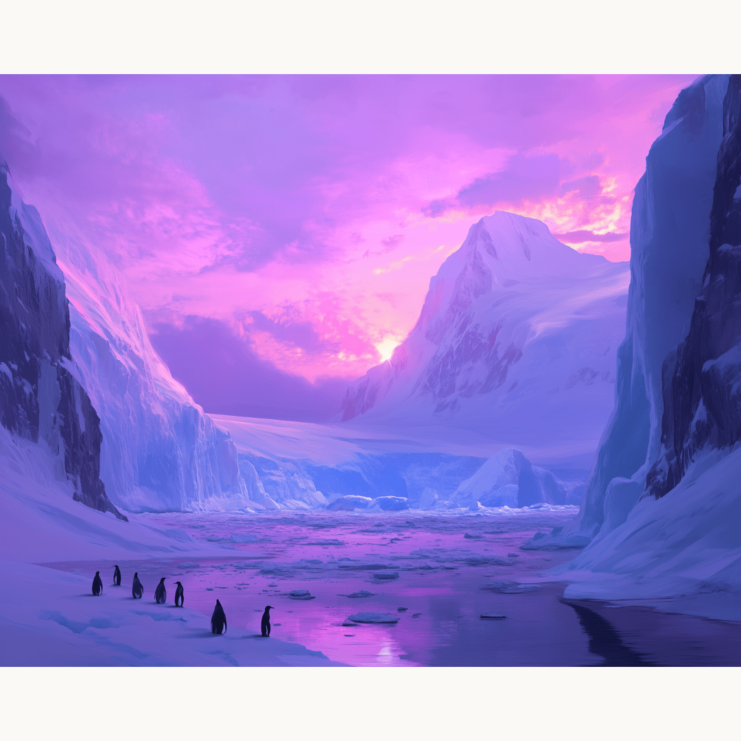 This is a digital art print depicting a breathtaking, icy landscape under a vibrant sunset.