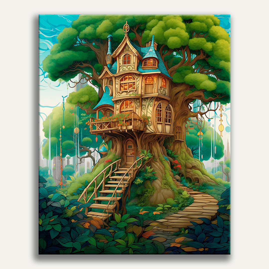 The image depicts an enchanting scene featuring a towering treehouse nestled amidst verdant foliage.