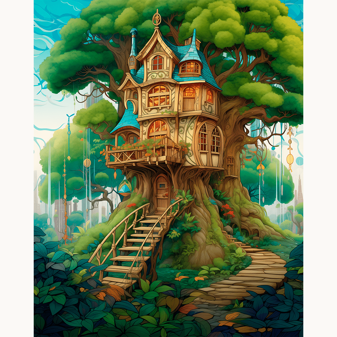 The image depicts an enchanting scene featuring a towering treehouse nestled amidst verdant foliage.