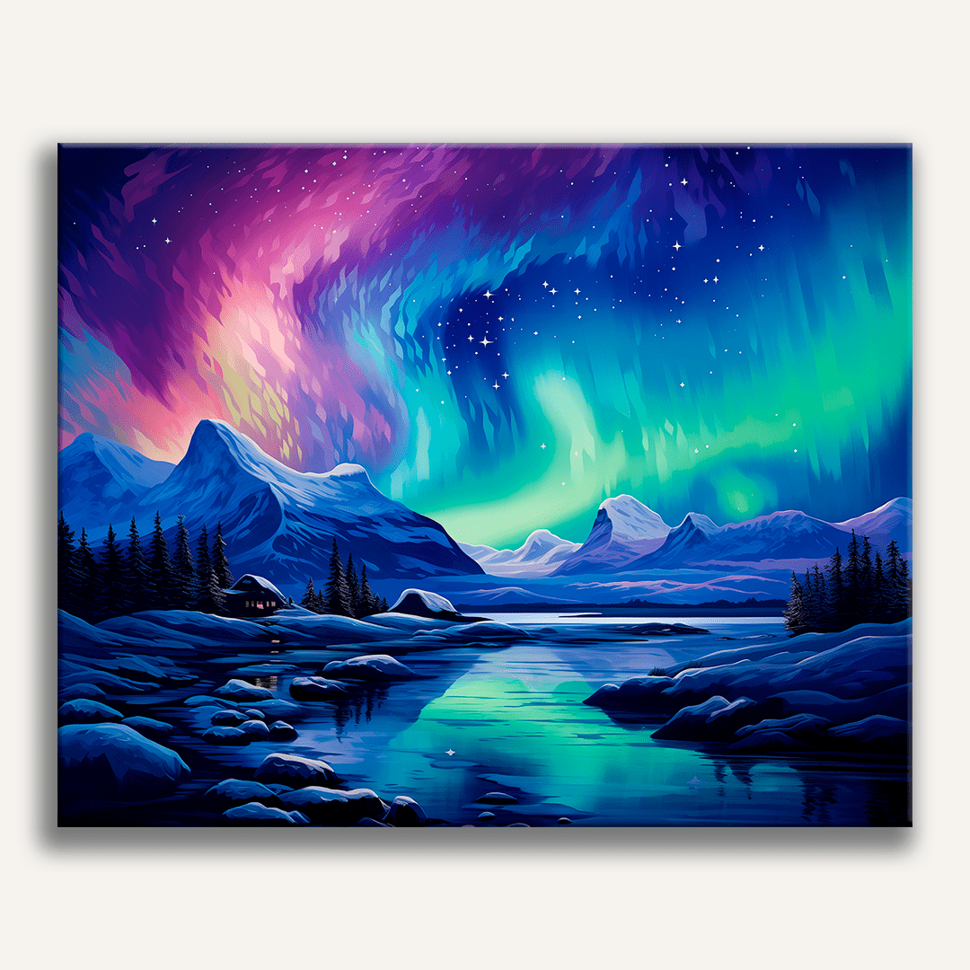 The image presents a vibrant night scene dominated by a majestic aurora borealis, or northern lights, that dances across the sky in hues of purple and blue.