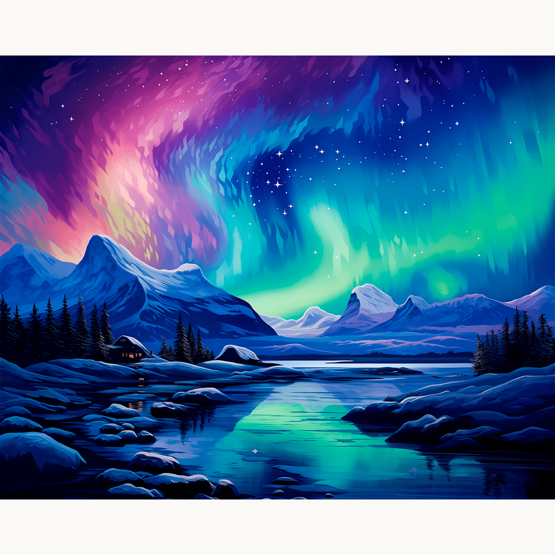 The image presents a vibrant night scene dominated by a majestic aurora borealis, or northern lights, that dances across the sky in hues of purple and blue.