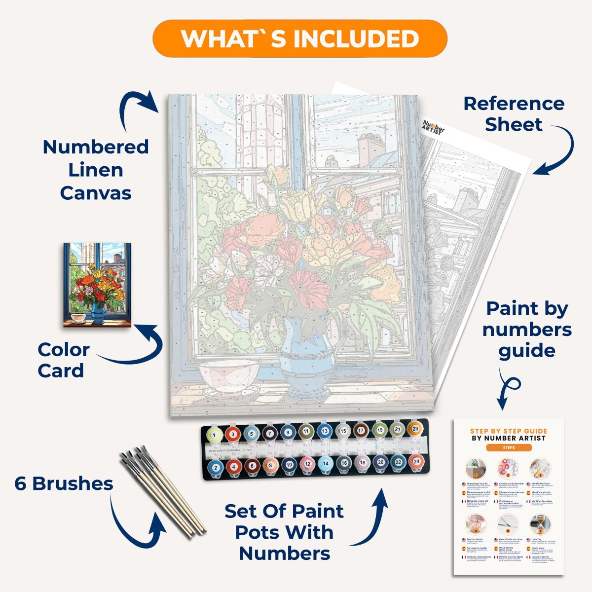 A bouquet of vibrant flowers filled with colors, housed within a blue vase, sits on a windowsill inside a building with a wooden window frame.