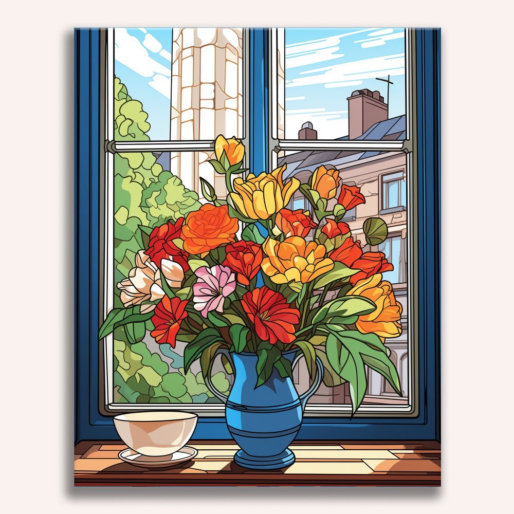 A bouquet of vibrant flowers filled with colors, housed within a blue vase, sits on a windowsill inside a building with a wooden window frame.