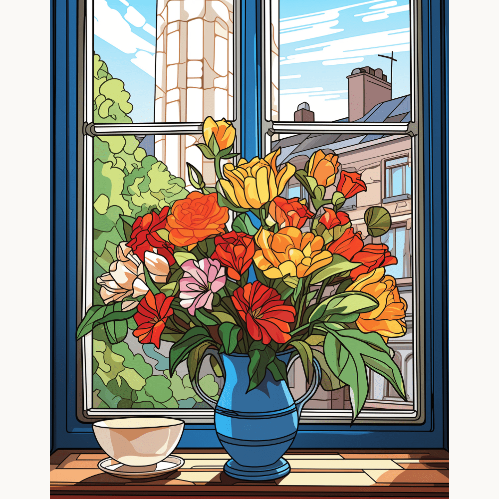 A bouquet of vibrant flowers filled with colors, housed within a blue vase, sits on a windowsill inside a building with a wooden window frame.