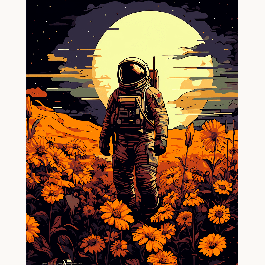 The image features a poster with an astronaut standing amidst orange flowers.