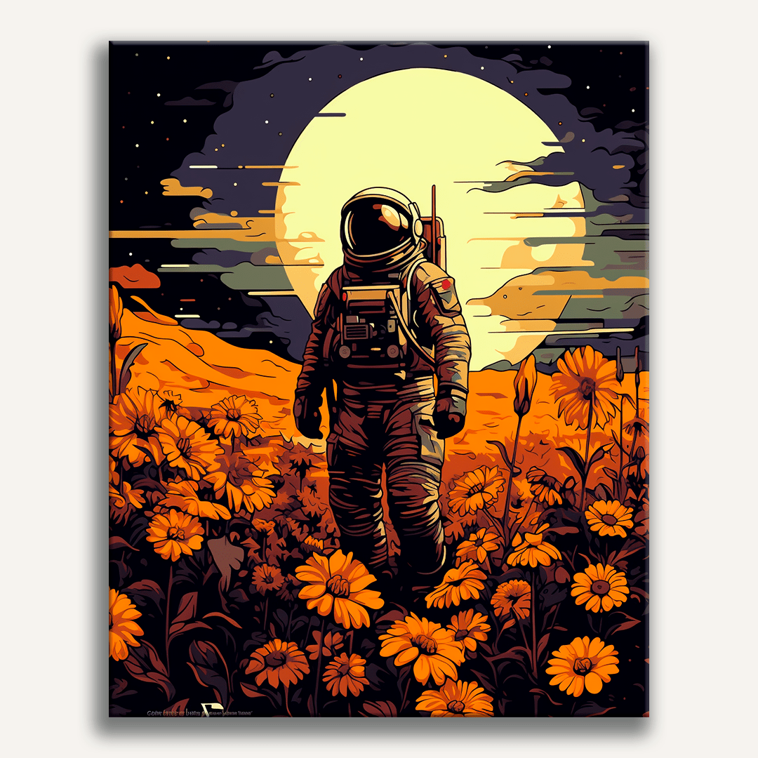 The image features a poster with an astronaut standing amidst orange flowers.