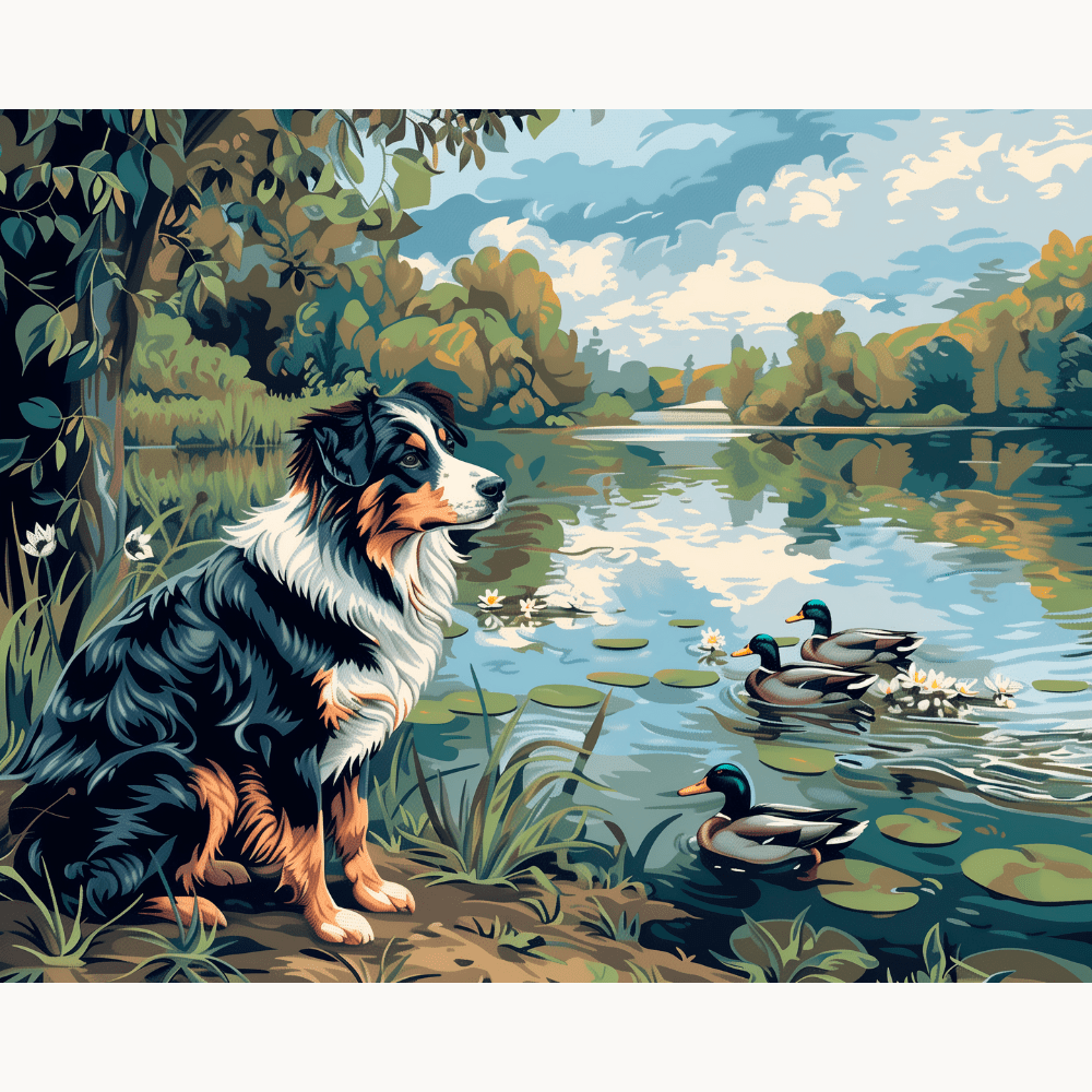 In the image, a Border Collie stands on land near a tranquil river, watching two ducks swim gently on the water's surface.