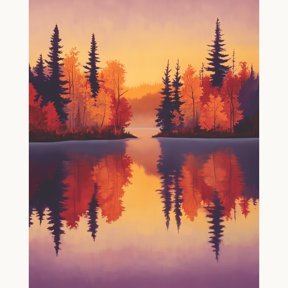 A poster features a tranquil autumn scene with a calm lake reflecting a vibrant mix of red, orange, and yellow trees..