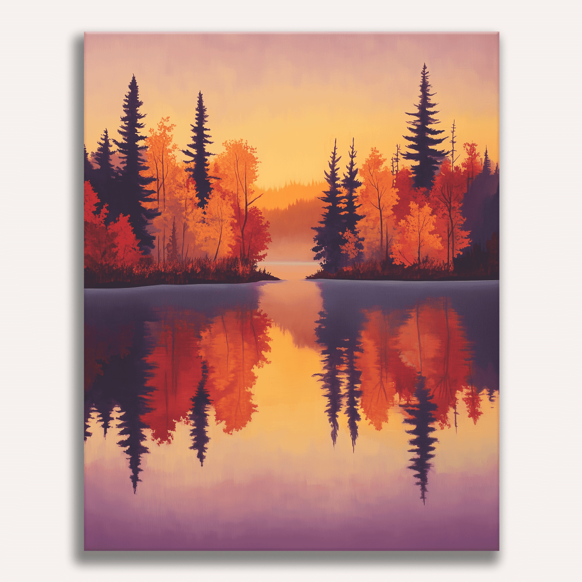 A poster features a tranquil autumn scene with a calm lake reflecting a vibrant mix of red, orange, and yellow trees..