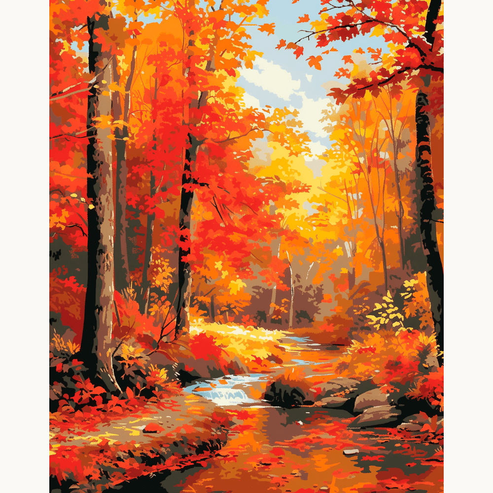 An autumnal landscape scene featuring a tranquil forest stream surrounded by orange and yellow foliage, under a blue sky with some clouds..