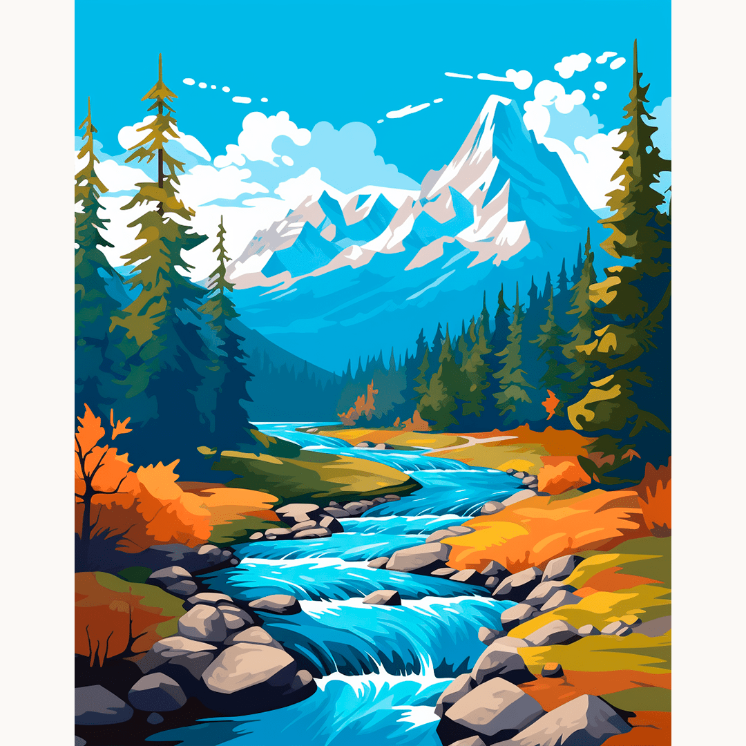 A vibrant landscape print features a serene mountain river flowing through a picturesque setting, surrounded by lush forests and towering snow-capped mountains under a clear blue sky, evoking an outdoor adventure theme..