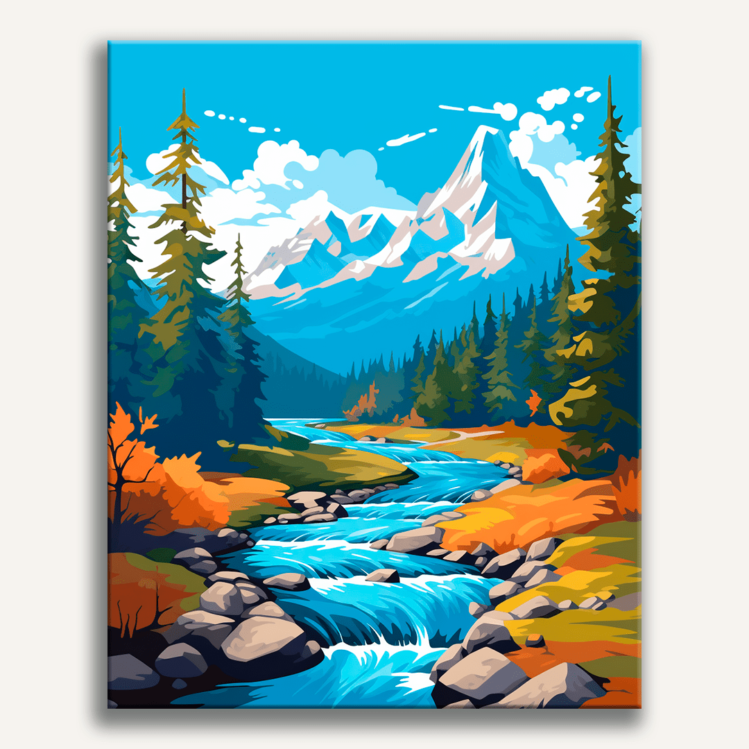 A vibrant landscape print features a serene mountain river flowing through a picturesque setting, surrounded by lush forests and towering snow-capped mountains under a clear blue sky, evoking an outdoor adventure theme..