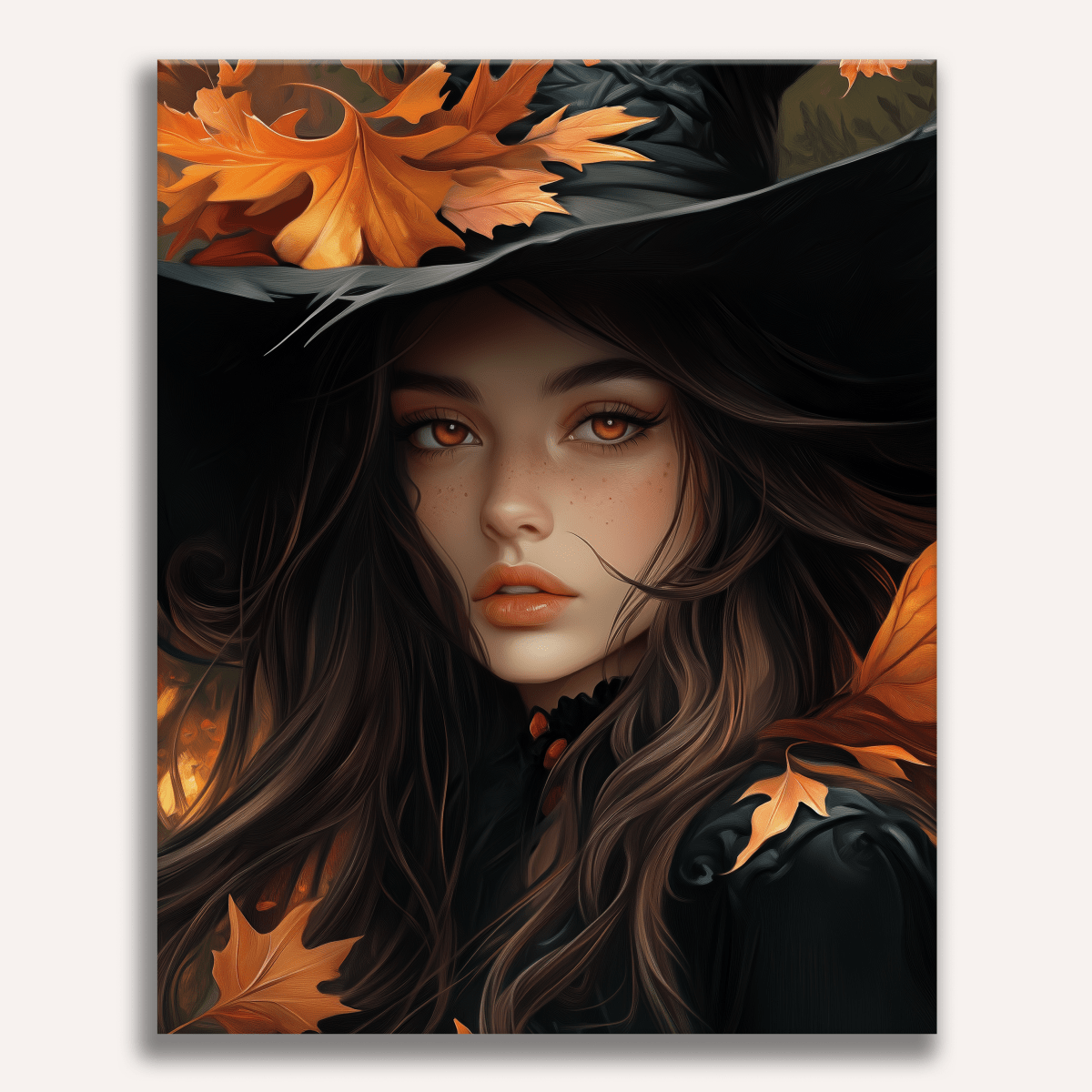The image features a woman with long brown hair, wearing black attire and a witch's hat adorned with leaves.