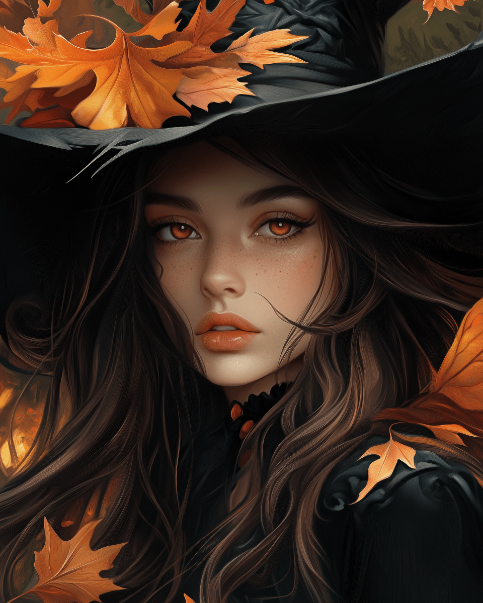 The image features a woman with long brown hair, wearing black attire and a witch's hat adorned with leaves.