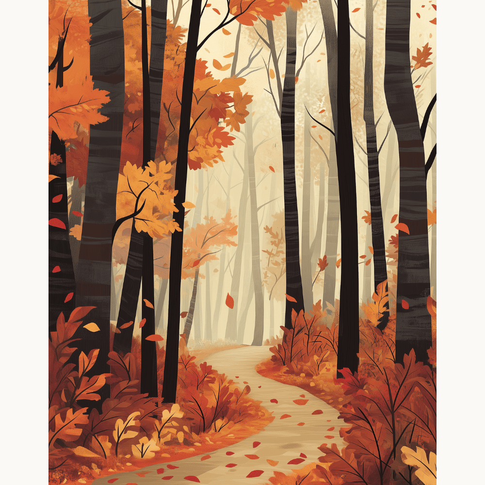The image depicts a scenic autumn forest scene.