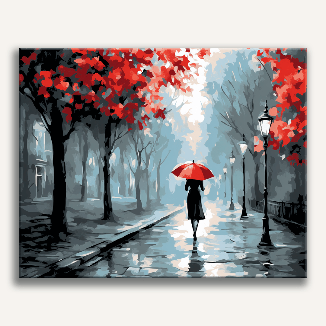 This is a canvas print depicting an urban scene on a rainy day.