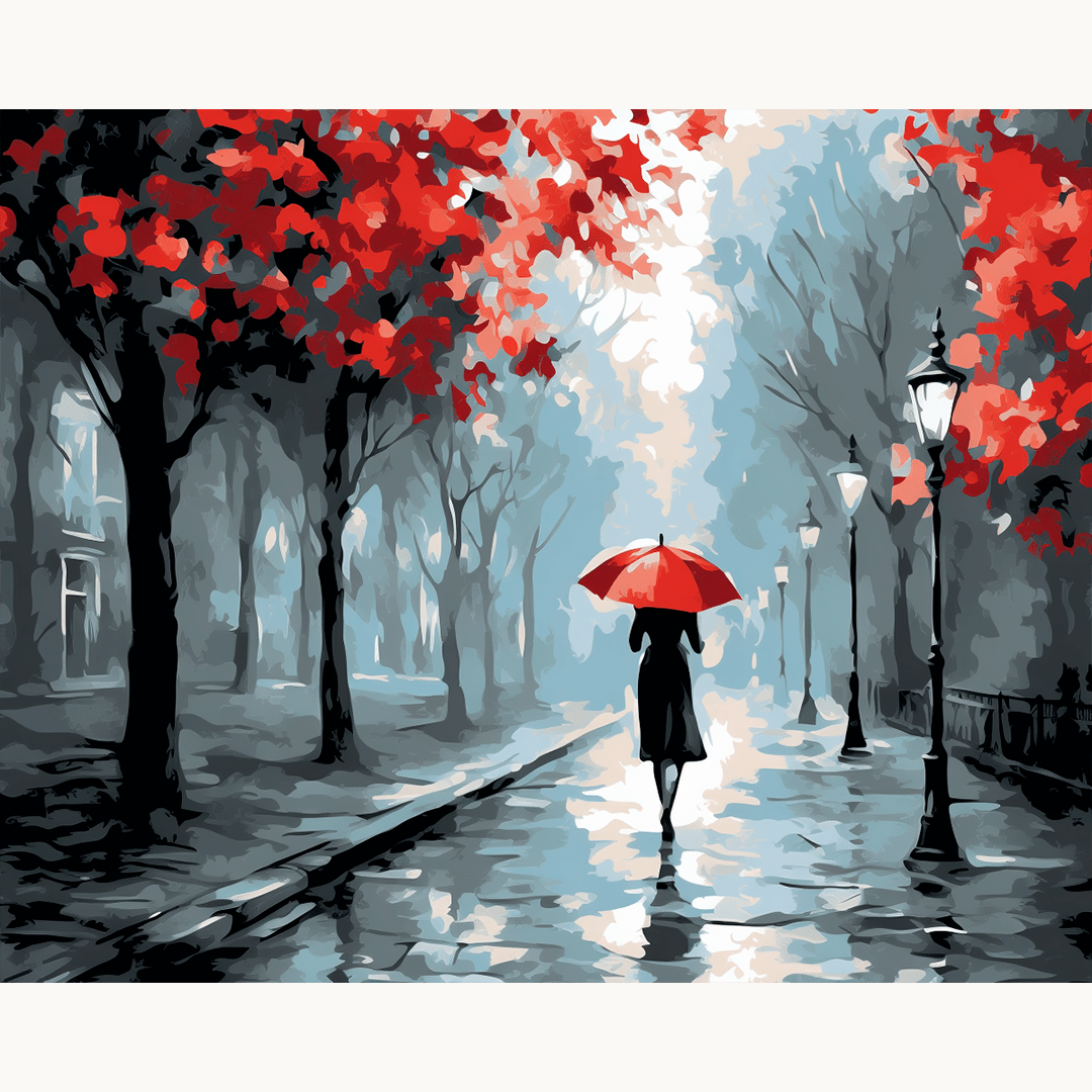 This is a canvas print depicting an urban scene on a rainy day.