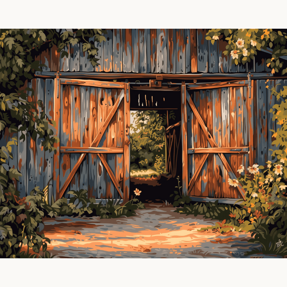 An aged wooden barn with peeling paint, a dirt path leading up to it, and a single door that's slightly ajar.