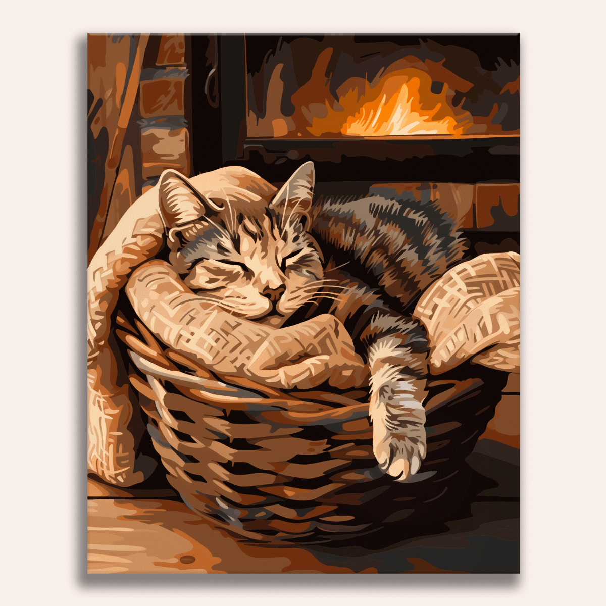 A cozy scene depicts a brown tabby cat comfortably lounging on a wicker basket that rests atop a fireplace.