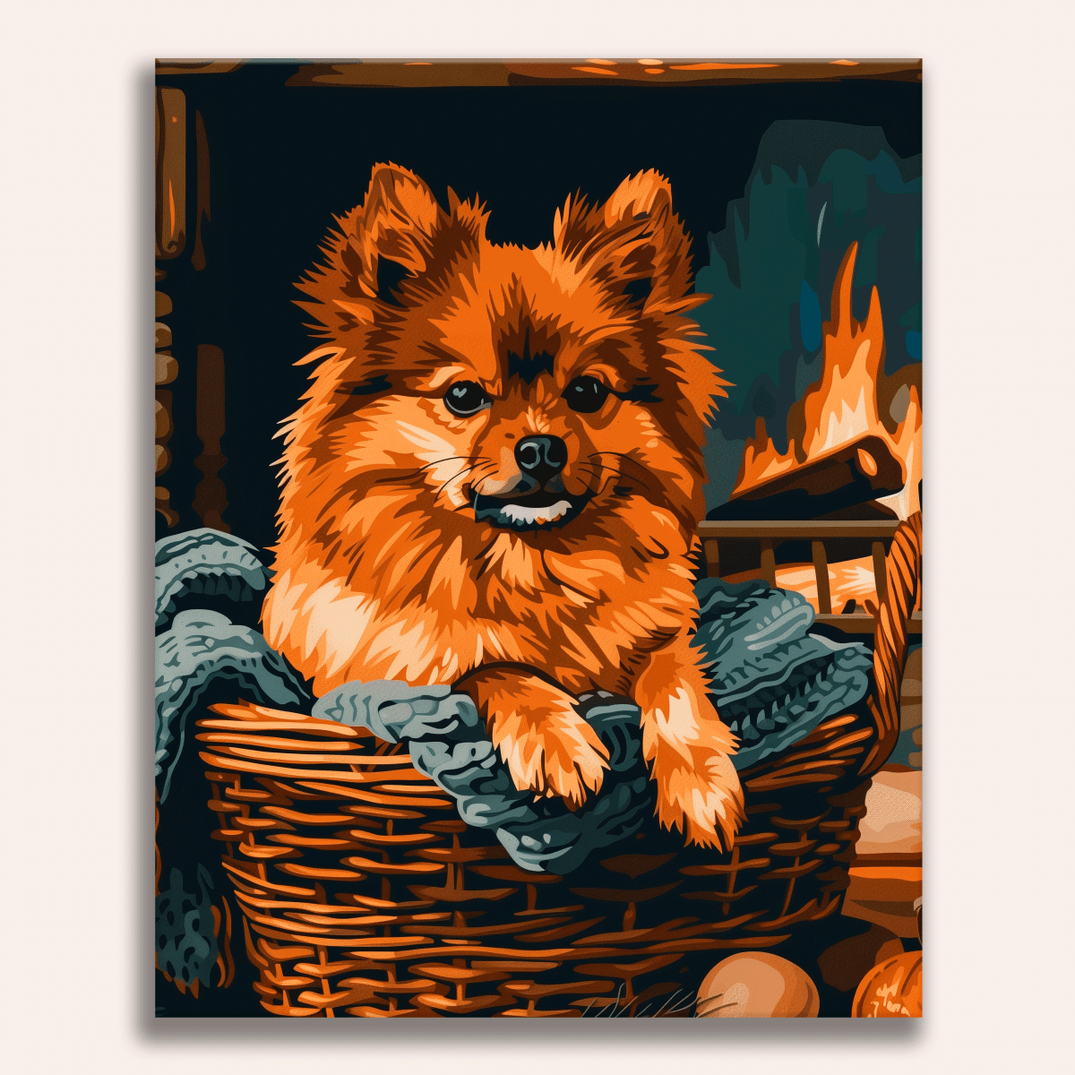 In the image, a small, red-coated Shih Tzu puppy sits comfortably on a blanket inside a rustic wooden basket.