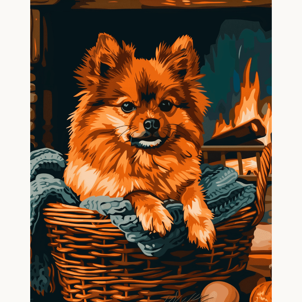 In the image, a small, red-coated Shih Tzu puppy sits comfortably on a blanket inside a rustic wooden basket.