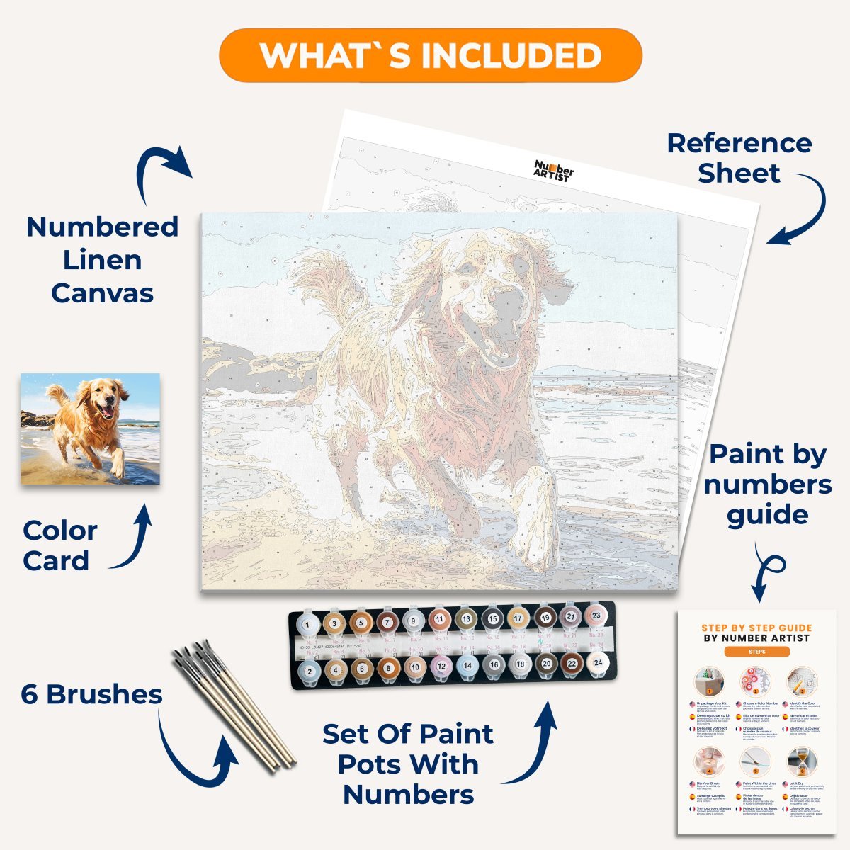 The image features a golden retriever dog running energetically on a sandy beach by the ocean.