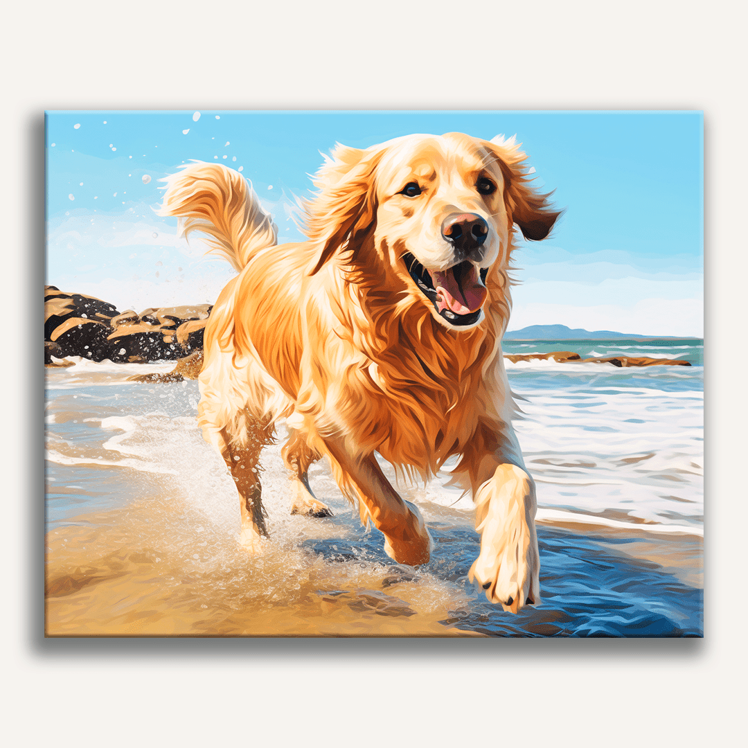 The image features a golden retriever dog running energetically on a sandy beach by the ocean.