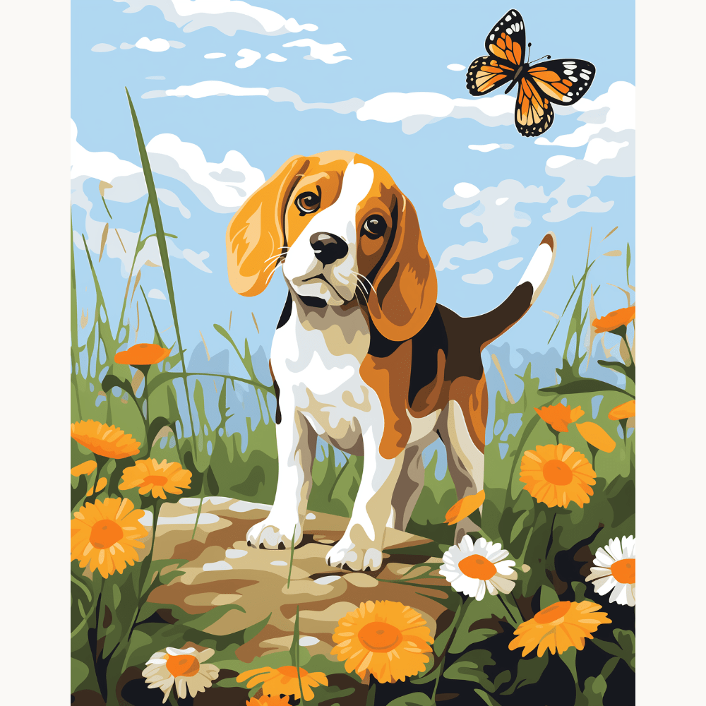 A beagle puppy stands on a stone in a grassy field, surrounded by orange flowers, looking attentively to its right as if expecting a fly to land nearby..