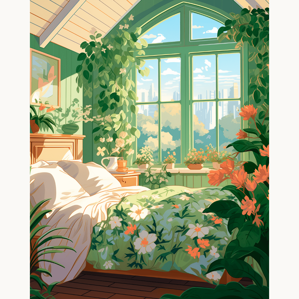 A bedroom scene with a floral bedspread and vibrant potted plants on the windowsill, under an arched window that opens onto a lush garden outside, framed by green walls..