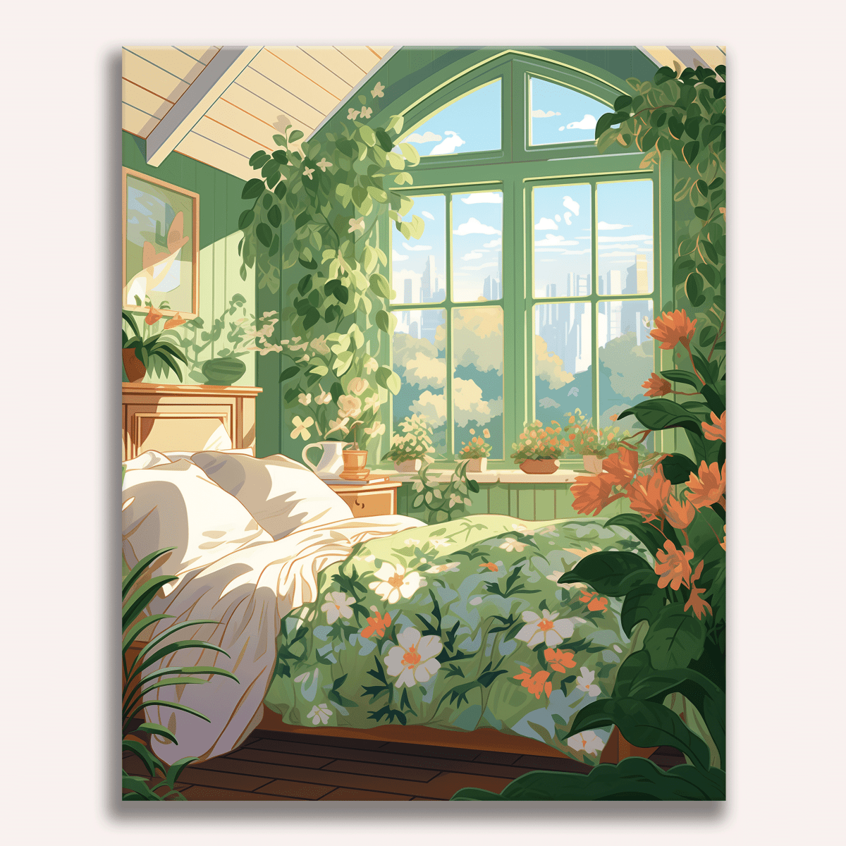 A bedroom scene with a floral bedspread and vibrant potted plants on the windowsill, under an arched window that opens onto a lush garden outside, framed by green walls..