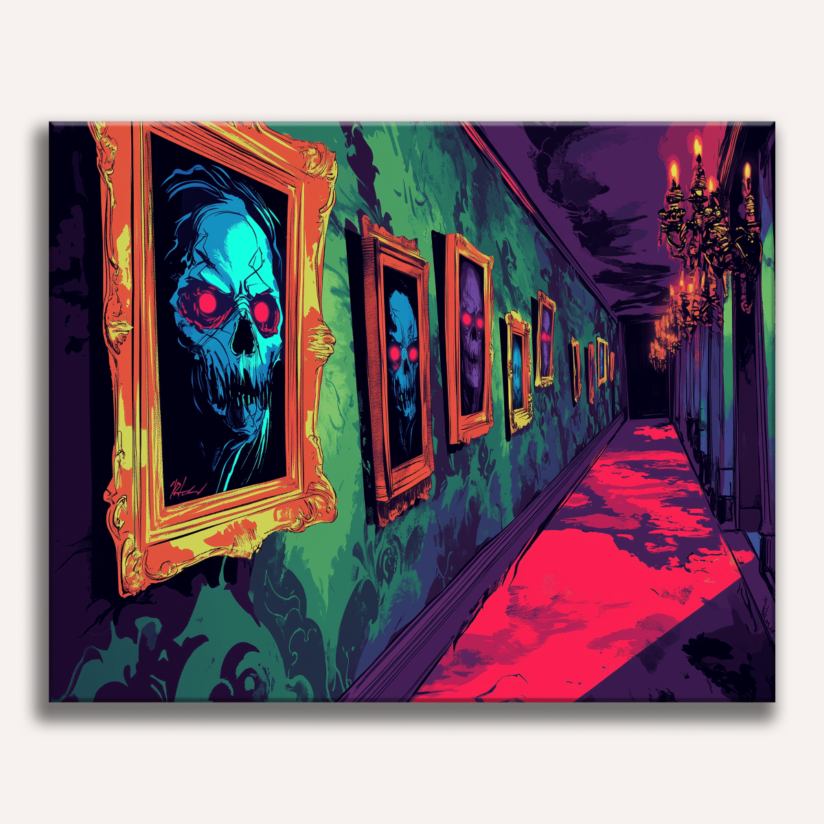 The image depicts a hallway lined with walls adorned with framed pictures.