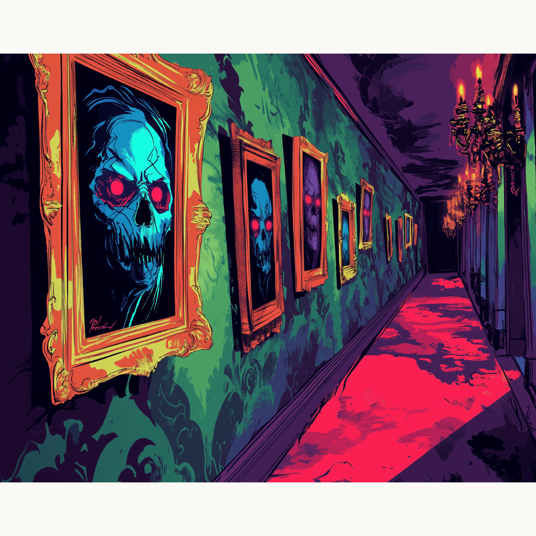 The image depicts a hallway lined with walls adorned with framed pictures.