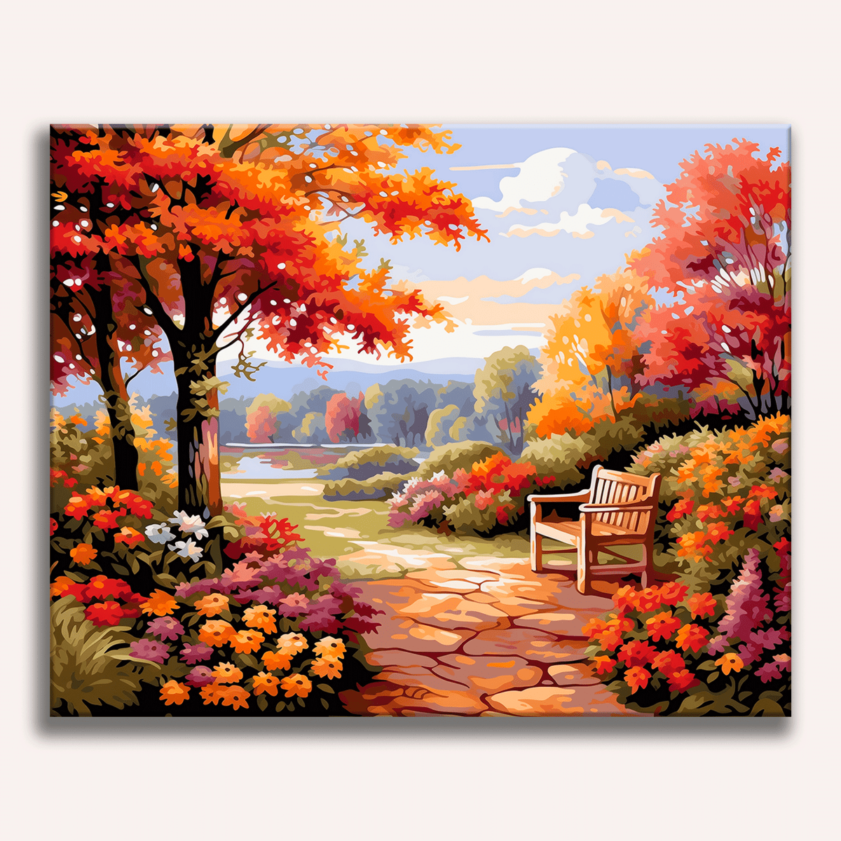 The image presents a serene scene of an autumn garden pathway.
